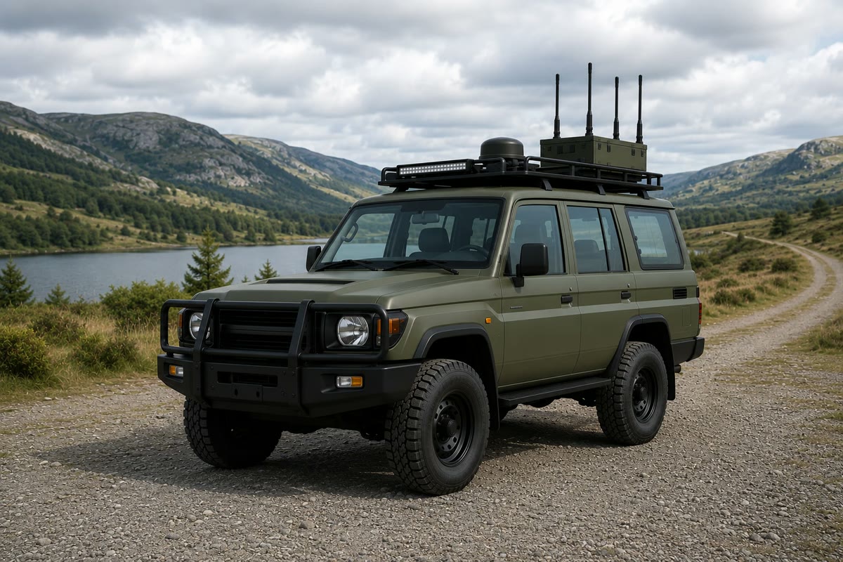 Off-road vehicle fitted with a roof-mounted RF spectrum monitoring and direction-finding array
